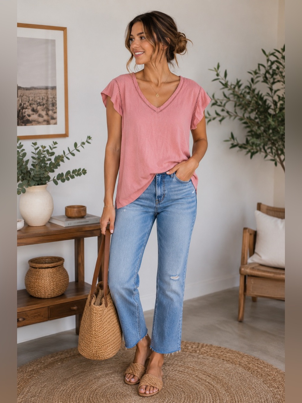 Buffalo David Bitton Pink V-Neck Flutter Sleeve Viscose Blouse Top